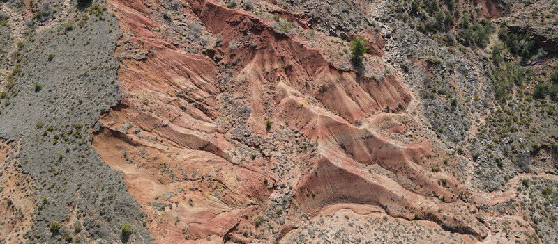 Accumulation of sedimentary rocks in the Spanish Pyrenees. The red and yellow st